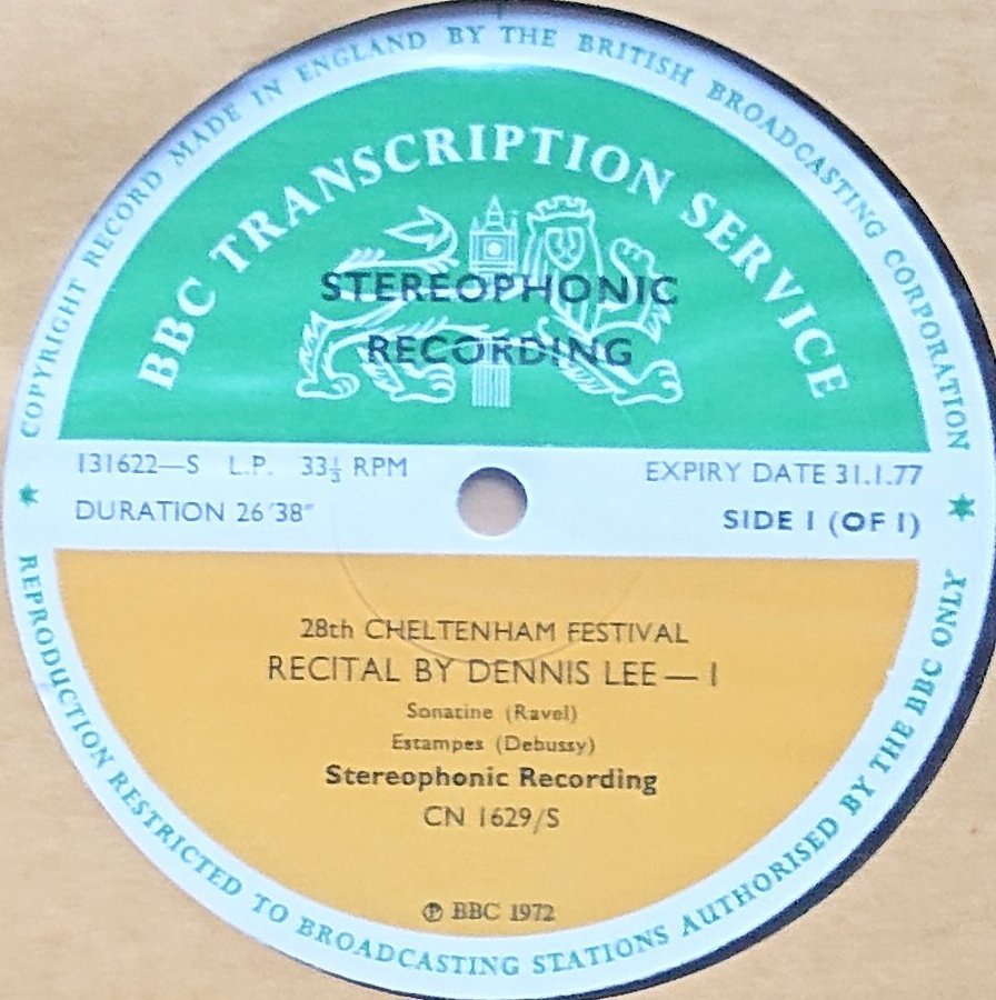 CN 1629 S 1 28th Cheltenham Festival - Recital by Dennis Lee 1 & 2 Ravel / Debussy / Schubert from the BBC records and Tapes library Label